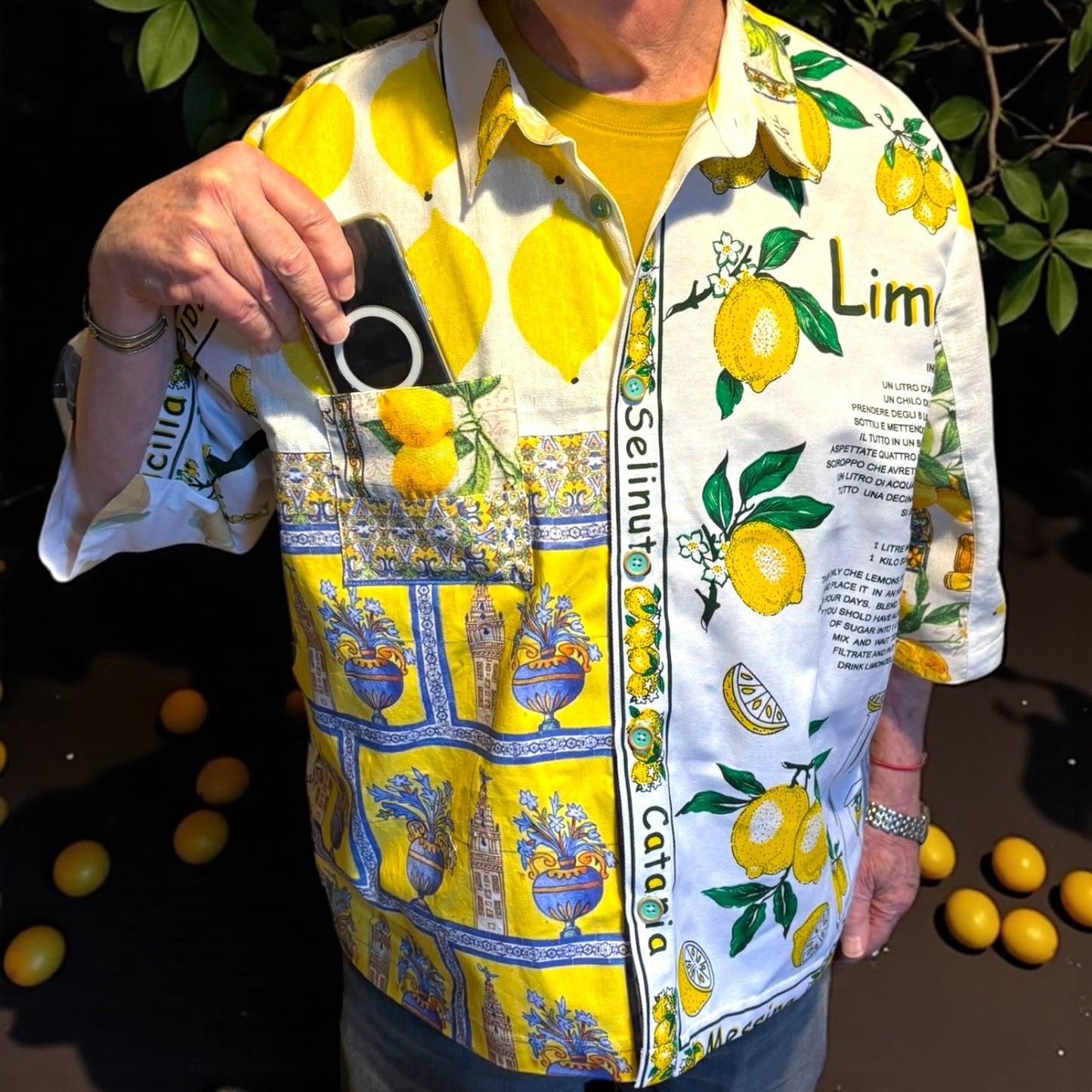 UNISEX styled tea- shirt, Longer length and pointed collar - LEMONS!
