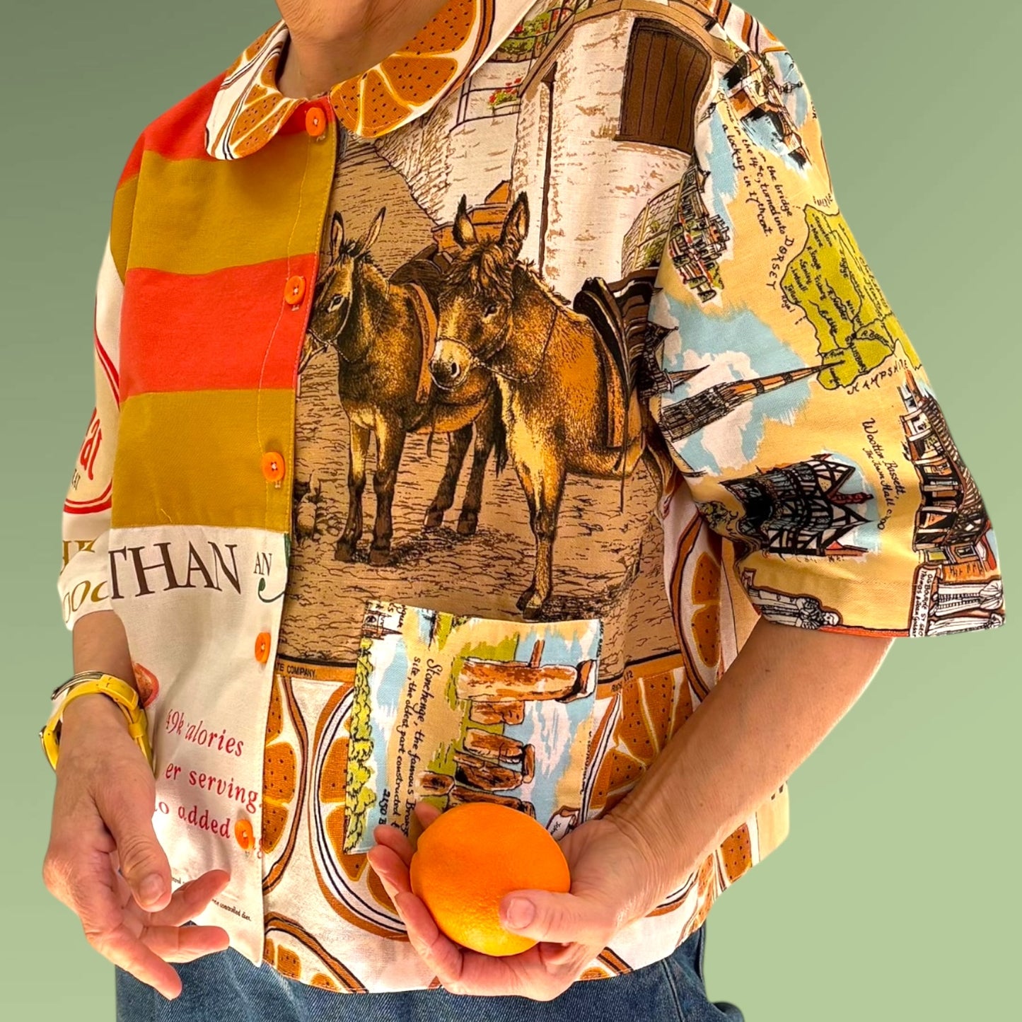 Short sleeved tea-shirt featuring a healthy breakfast! Oranges and puffed wheat!