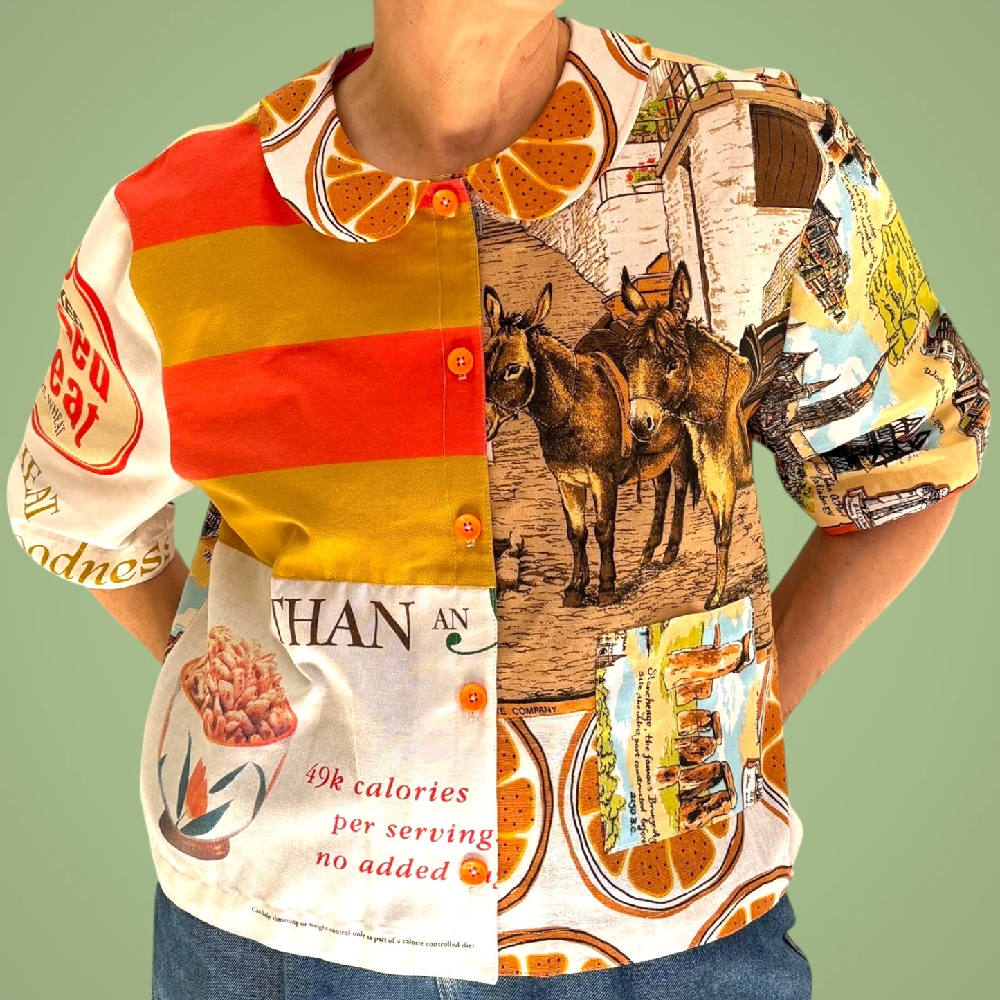 Short sleeved tea-shirt featuring a healthy breakfast! Oranges and puffed wheat!